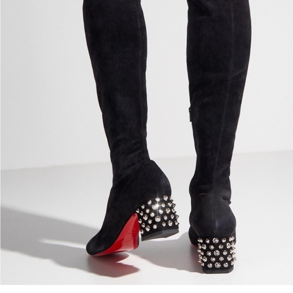 Christian Louboutin Black Over the Knee Boots Chunky Heel Metallic Studs - Picture 3 of 5